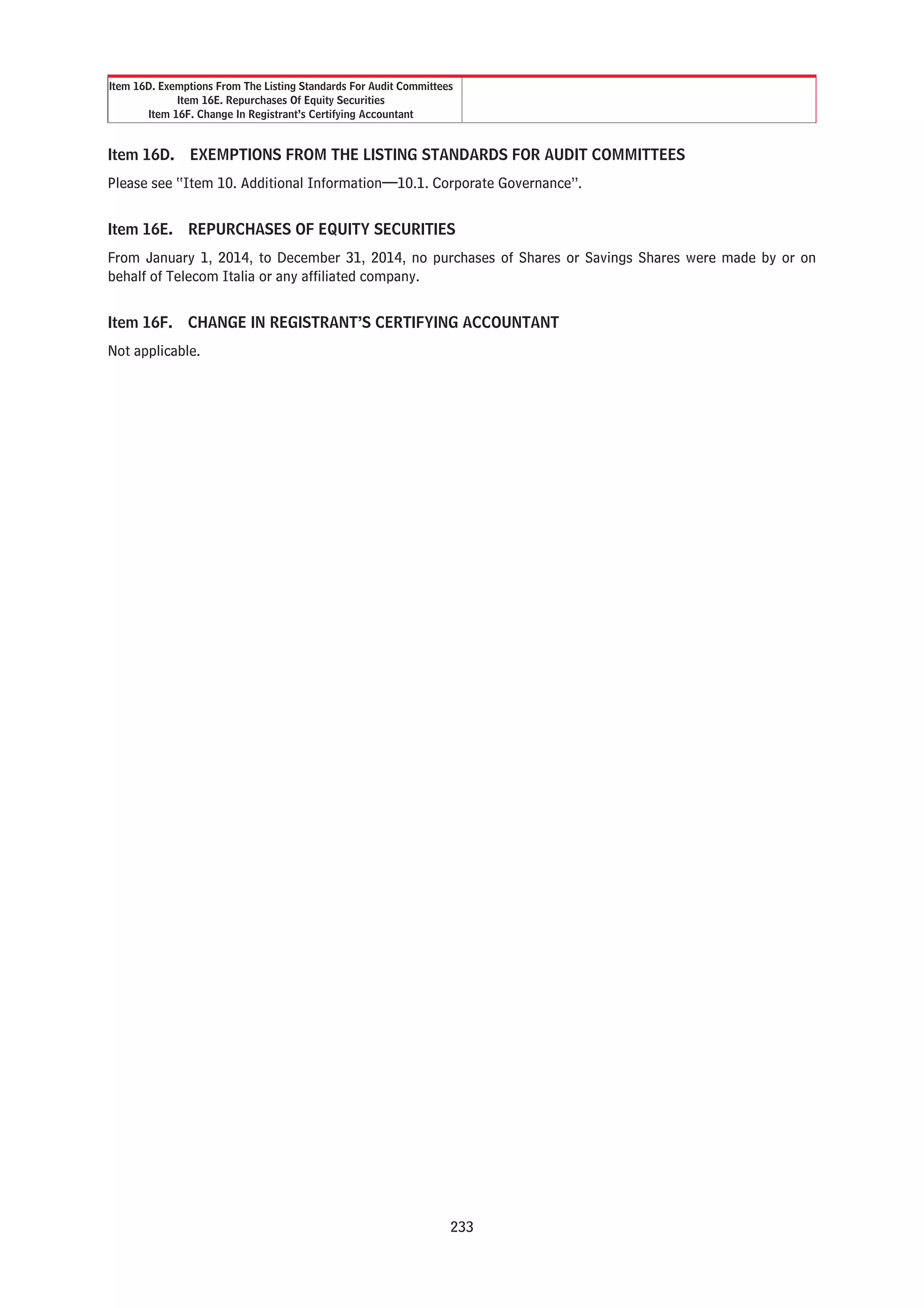Item 16D. Exemptions From The Listing Standards For Audit Committees
Item 16E. Repurchases Of Equity Securities
Item 16F. Change In Registrant’s Certifying Accountant
Item 16D. EXEMPTIONS FROM THE LISTING STANDARDS FOR AUDIT COMMITTEES
Please see “Item 10. Additional Information—10.1. Corporate Governance”.
Item 16E. REPURCHASES OF EQUITY SECURITIES
From January 1, 2014, to December 31, 2014, no purchases of Shares or Savings Shares were made by or on
behalf of Telecom Italia or any affiliated company.
Item 16F. CHANGE IN REGISTRANT’S CERTIFYING ACCOUNTANT
Not applicable.
233
 