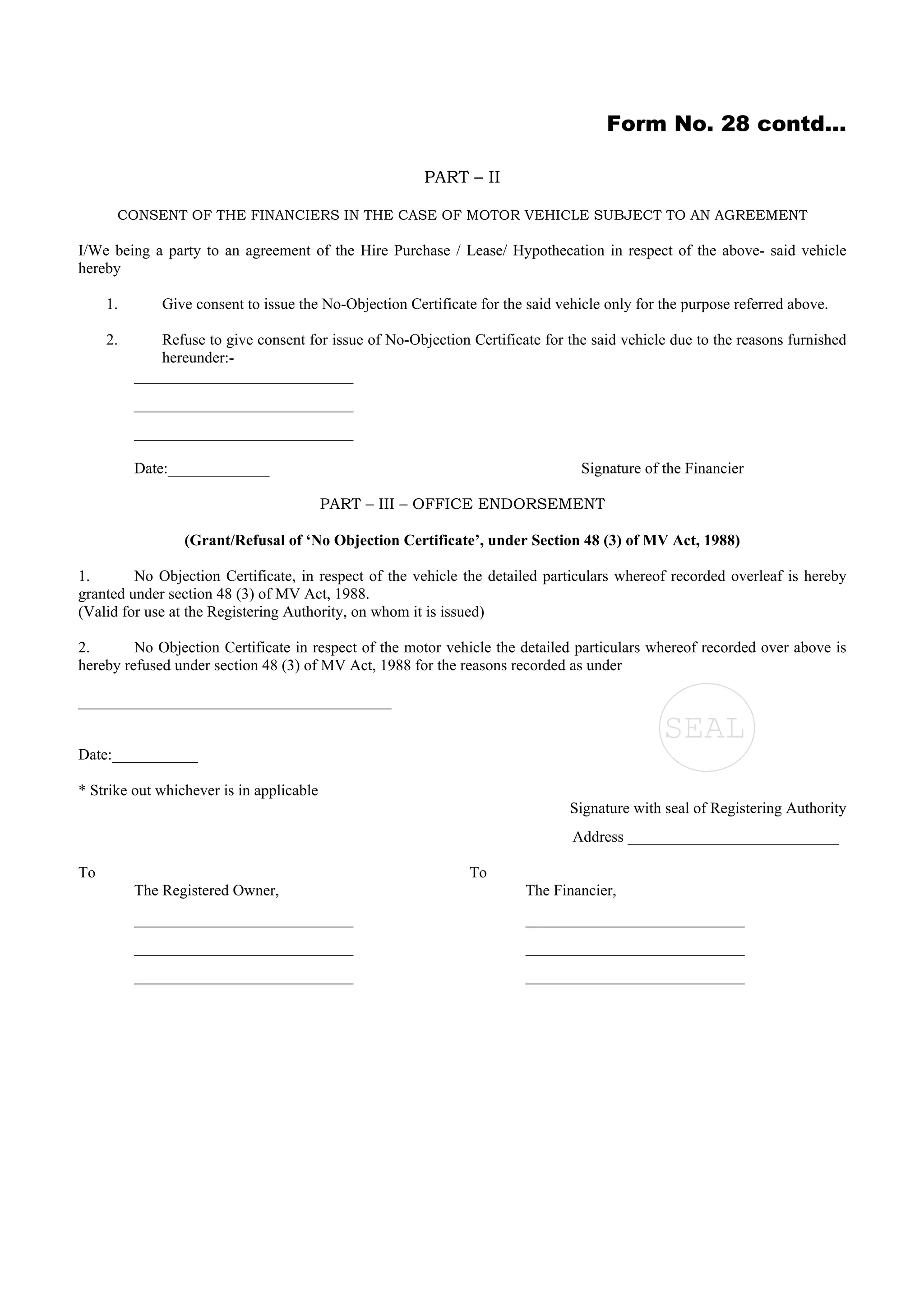 Form 28 application for rto noc | PDF