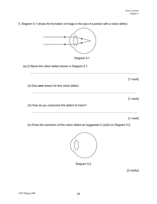 Form 2 Science
Chapter 1
5. Diagram 5.1 shows the formation of image in the eye of a person with a vision defect.
(a) (i) Name the vision defect shown in Diagram 5.1.
……………………………………………………………………………………………………
[1 mark]
(ii) Give one reason for this vision defect.
…………………………………………………………………………………………………
[1 mark]
(iii) How do you overcome this defect of vision?
…………………………………………………………………………………………………..
[1 mark]
(iv) Draw the correction of this vision defect as suggested in (a)(iii) on Diagram 5.2.
[2 marks]
JPN Pahang 2009 64
Diagram 5.1
Diagram 5.2
 