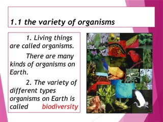 3
1.1 the variety of organisms
1. Living things
are called organisms.
There are many
kinds of organisms on
Earth.
2. The variety of
different types
organisms on Earth is
called biodiversity
 