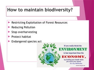 8
How to maintain biodiversity?
 Restricting Exploitation of Forest Resources
 Reducing Pollution
 Stop overharvesting
 Protect habitat
 Endangered species act
 