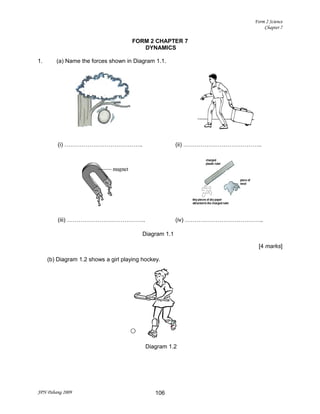 Form 2 Science
Chapter 7
FORM 2 CHAPTER 7
DYNAMICS
1. (a) Name the forces shown in Diagram 1.1.
[4 marks]
(b) Diagram 1.2 shows a girl playing hockey.
JPN Pahang 2009 106
Diagram 1.2
(i) ………………………………….. (ii) …………………………………..
(iii) ………………………………….. (iv) …………………………………..
Diagram 1.1
 