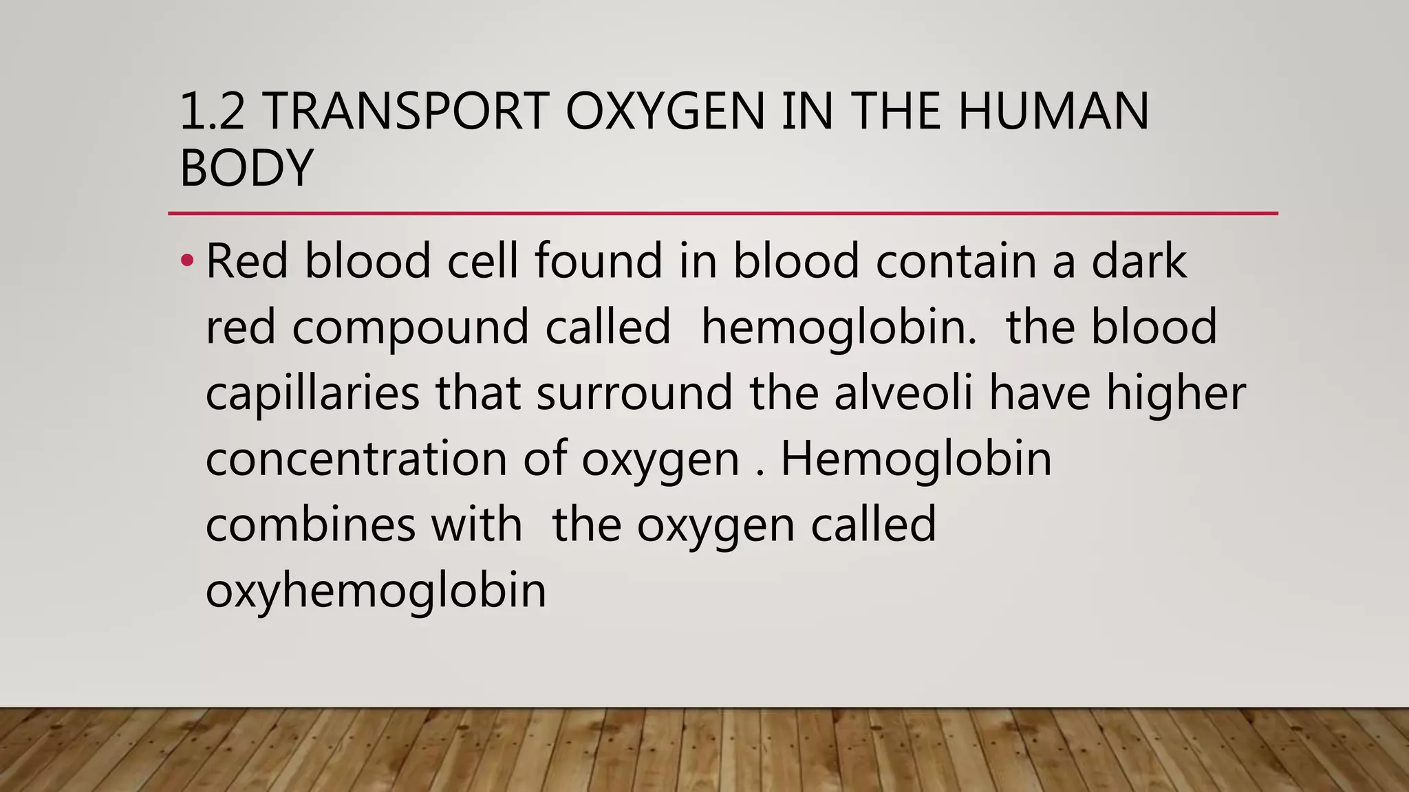 1.2 TRANSPORT OXYGEN IN THE HUMAN
BODY
• Red blood cell found in blood contain a dark
red compound called hemoglobin. the blood
capillaries that surround the alveoli have higher
concentration of oxygen . Hemoglobin
combines with the oxygen called
oxyhemoglobin
 