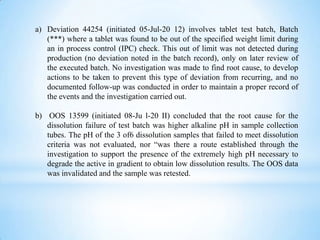 a) Deviation 44254 (initiated 05-Jul-20 12) involves tablet test batch, Batch
(***) where a tablet was found to be out of the specified weight limit during
an in process control (IPC) check. This out of limit was not detected during
production (no deviation noted in the batch record), only on later review of
the executed batch. No investigation was made to find root cause, to develop
actions to be taken to prevent this type of deviation from recurring, and no
documented follow-up was conducted in order to maintain a proper record of
the events and the investigation carried out.
b) OOS 13599 (initiated 08-Ju l-20 II) concluded that the root cause for the
dissolution failure of test batch was higher alkaline pH in sample collection
tubes. The pH of the 3 of6 dissolution samples that failed to meet dissolution
criteria was not evaluated, nor “was there a route established through the
investigation to support the presence of the extremely high pH necessary to
degrade the active in gradient to obtain low dissolution results. The OOS data
was invalidated and the sample was retested.

 