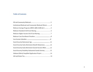 3&
Table&of&Contents&
SSI&and&Community&Medicaid………................................................4&
Institutional&Medicaid&and&Community&Medicaid&Waiver……..….4&
Medicare&Savings&Programs&(MSP):&QMB,&SLMB,&QIP1………. .......5&
Medicare&Standard&A&&&B&Cost&Sharing………. ............................... 6&
Medicare&Higher&Income&A&&&D&Cost&Sharing………....................... 7&
Medicare&Late&Enrollment&Penalties……..........................................…...8&
Low&Income&Subsidies….......................................................................……..8&
Social&Security&Retirement&Age……....................................................….11&
Social&Security&Early&Retirement&Benefit&Reductions……........….12&
Social&Security&Early&Retirement&Earned&Income&Offset……...….12&
Social&Security&Disability&Substantial&Gainful&Activity………...... 13&
Alabama&Elderly&Simplified&Application&Project……… ................14&
Gift&and&Estate&Tax………................................................................ 14&
 