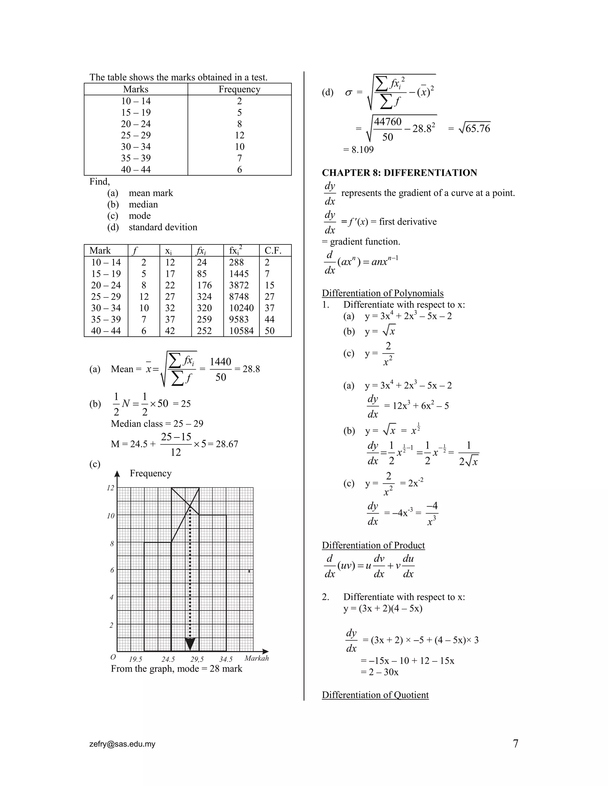 zefry@sas.edu.my 7
The table shows the marks obtained in a test.
Marks Frequency
10 – 14
15 – 19
20 – 24
25 – 29
30 – 34
35 – 39
40 – 44
2
5
8
12
10
7
6
Find,
(a) mean mark
(b) median
(c) mode
(d) standard devition
Mark f xi fxi fxi
2
C.F.
10 – 14
15 – 19
20 – 24
25 – 29
30 – 34
35 – 39
40 – 44
2
5
8
12
10
7
6
12
17
22
27
32
37
42
24
85
176
324
320
259
252
288
1445
3872
8748
10240
9583
10584
2
7
15
27
37
44
50
(a) Mean =
ifx
x
f



=
1440
50
= 28.8
(b)
1 1
50
2 2
N   = 25
Median class = 25 – 29
M = 24.5 +
25 15
5
12

 = 28.67
(c)
From the graph, mode = 28 mark
(d)  =
2
2
( )
ifx
x
f



= 244760
28.8
50
 = 65.76
= 8.109
CHAPTER 8: DIFFERENTIATION
dy
dx
represents the gradient of a curve at a point.
dy
dx
= f (x) = first derivative
= gradient function.
1
( )n nd
ax anx
dx


Differentiation of Polynomials
1. Differentiate with respect to x:
(a) y = 3x4
+ 2x3
– 5x – 2
(b) y = x
(c) y = 2
2
x
(a) y = 3x4
+ 2x3
– 5x – 2
dy
dx
= 12x3
+ 6x2
– 5
(b) y = x =
1
2
x
1 1
2 2
11 1
2 2
dy
x x
dx
 
  =
1
2 x
(c) y = 2
2
x
= 2x-2
dy
dx
= 4x-3
= 3
4
x

Differentiation of Product
( )
d dv du
uv u v
dx dx dx
 
2. Differentiate with respect to x:
y = (3x + 2)(4 – 5x)
dy
dx
= (3x + 2) × 5 + (4 – 5x)× 3
= 15x – 10 + 12 – 15x
= 2 – 30x
Differentiation of Quotient
Frequency
 