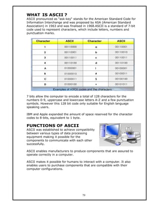 WHAT IS ASCII ?
ASCII pronounced as “ask-key“ stands for the American Standard Code for
Information Interchange and was proposed by ASA (American Standard
Association) in 1963 and was finalised in 1968.ASCII is a standard of 7-bit
code used to represent characters, which include letters, numbers and
punctuation marks.




7 bits allow the computer to encode a total of 128 characters for the
numbers 0-9, uppercase and lowercase letters A-Z and a few punctuation
symbols. However this 128 bit code only suitable for English language
speaking users.

IBM and Apple expanded the amount of space reserved for the character
codes to 8-bits, equivalent to 1 byte.

FUNCTIONS OF ASCII
ASCII was established to achieve compatibility
between various types of data processing
equipment making it possible for the
components to communicate with each other
successfully.

ASCII enables manufacturers to produce components that are assured to
operate correctly in a computer.

ASCII makes it possible for humans to interact with a computer. It also
enables users to purchase components that are compatible with their
computer configurations.




                                      79
 