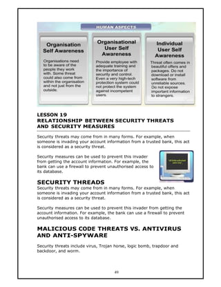 LESSON 19
RELATIONSHIP BETWEEN SECURITY THREATS
AND SECURITY MEASURES

Security threats may come from in many forms. For example, when
someone is invading your account information from a trusted bank, this act
is considered as a security threat.

Security measures can be used to prevent this invader
from getting the account information. For example, the
bank can use a firewall to prevent unauthorised access to
its database.

SECURITY THREADS
Security threats may come from in many forms. For example, when
someone is invading your account information from a trusted bank, this act
is considered as a security threat.

Security measures can be used to prevent this invader from getting the
account information. For example, the bank can use a firewall to prevent
unauthorised access to its database.

MALICIOUS CODE THREATS VS. ANTIVIRUS
AND ANTI-SPYWARE
Security threats include virus, Trojan horse, logic bomb, trapdoor and
backdoor, and worm.




                                      49
 