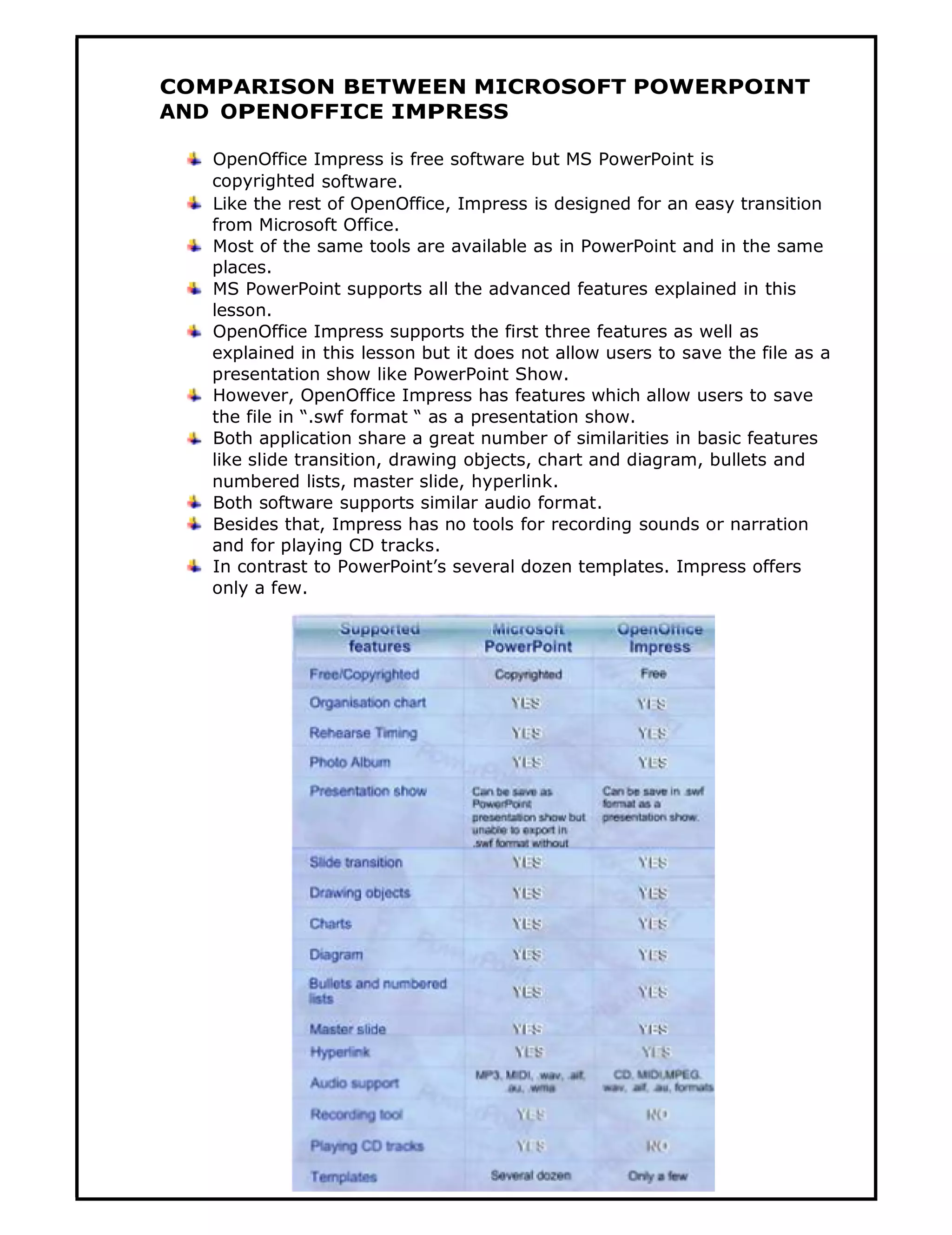 COMPARISON BETWEEN MICROSOFT POWERPOINT
AND OPENOFFICE IMPRESS

   OpenOffice Impress is free software but MS PowerPoint is
   copyrighted software.
   Like the rest of OpenOffice, Impress is designed for an easy transition
   from Microsoft Office.
   Most of the same tools are available as in PowerPoint and in the same
   places.
   MS PowerPoint supports all the advanced features explained in this
   lesson.
   OpenOffice Impress supports the first three features as well as
   explained in this lesson but it does not allow users to save the file as a
   presentation show like PowerPoint Show.
   However, OpenOffice Impress has features which allow users to save
   the file in “.swf format “ as a presentation show.
   Both application share a great number of similarities in basic features
   like slide transition, drawing objects, chart and diagram, bullets and
   numbered lists, master slide, hyperlink.
   Both software supports similar audio format.
   Besides that, Impress has no tools for recording sounds or narration
   and for playing CD tracks.
   In contrast to PowerPoint’s several dozen templates. Impress offers
   only a few.




                                    123
 