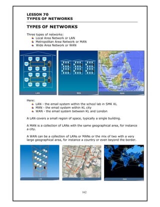 LESSON 70
TYPES OF NETWORKS

TYPES OF NETWORKS
Three types of networks:
      Local Area Network or LAN
      Metropolitan Area Network or MAN
      Wide Area Network or WAN




Here:
        LAN - the email system within the school lab in SMK KL
        MAN - the email system within KL city
        WAN - the email system between KL and London

A LAN covers a small region of space, typically a single building.

A MAN is a collection of LANs with the same geographical area, for instance
a city.

A WAN can be a collection of LANs or MANs or the mix of two with a very
large geographical area, for instance a country or even beyond the border.




                                      162
 