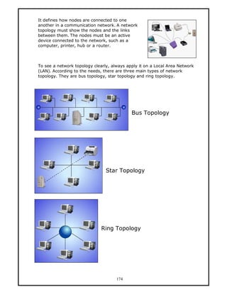 It defines how nodes are connected to one
another in a communication network. A network
topology must show the nodes and the links
between them. The nodes must be an active
device connected to the network, such as a
computer, printer, hub or a router.



To see a network topology clearly, always apply it on a Local Area Network
(LAN). According to the needs, there are three main types of network
topology. They are bus topology, star topology and ring topology.




                                            Bus Topology




                                Star Topology




                              Ring Topology




                                     174
 