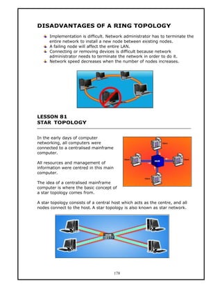 DISADVANTAGES OF A RING TOPOLOGY
      Implementation is difficult. Network administrator has to terminate the
      entire network to install a new node between existing nodes.
      A failing node will affect the entire LAN.
      Connecting or removing devices is difficult because network
      administrator needs to terminate the network in order to do it.
      Network speed decreases when the number of nodes increases.




LESSON 81
STAR TOPOLOGY


In the early days of computer
networking, all computers were
connected to a centralised mainframe
computer.

All resources and management of
information were centred in this main
computer.

The idea of a centralised mainframe
computer is where the basic concept of
a star topology comes from.

A star topology consists of a central host which acts as the centre, and all
nodes connect to the host. A star topology is also known as star network.




                                        178
 