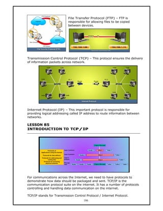 File Transfer Protocol (FTP) — FTP is
                           responsible for allowing files to be copied
                           between devices.




Transmission Control Protocol (TCP) — This protocol ensures the delivery
of information packets across network.




Internet Protocol (IP) — This important protocol is responsible for
providing logical addressing called IP address to route information between
networks.

LESSON 85
INTRODUCTION TO TCP/IP




For communications across the Internet, we need to have protocols to
demonstrate how data should be packaged and sent. TCP/IP is the
communication protocol suite on the internet. It has a number of protocols
controlling and handling data communication on the internet.

TCP/IP stands for Transmission Control Protocol / Internet Protocol.
                                     186
 