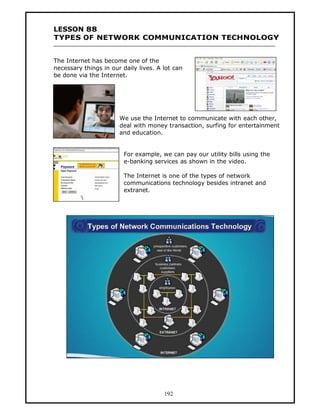 LESSON 88
TYPES OF NETWORK COMMUNICATION TECHNOLOGY


The Internet has become one of the
necessary things in our daily lives. A lot can
be done via the Internet.




                       We use the Internet to communicate with each other,
                       deal with money transaction, surfing for entertainment
                       and education.


                         For example, we can pay our utility bills using the
                         e-banking services as shown in the video.

                         The Internet is one of the types of network
                         communications technology besides intranet and
                         extranet.




                                       192
 