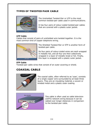 TYPES OF TWISTED PAIR CABLE


                         The Unshielded Twisted-Pair or UTP is the most
                         common twisted-pair cable used in communications.

                         It has four pairs of colour-coded twisted-pair cables
                         that are covered with a plastic outer jacket.



UTP Cable
Cables that consist of pairs of unshielded wire twisted together. It is the
most common kind of copper telephone wiring.

                         The Shielded Twisted-Pair or STP is another form of
                         twisted-pair cable.

                         Its four pairs of colour-coded wires are each wrapped
                         in metallic foil, and all four are then collectively
                         wrapped in a layer of metallic braid or foil. Finally,
                         this layer is wrapped with a plastic outer jacket.

STP Cable
Twisted-pair cable wires that consist of an outer covering or shield.

COAXIAL CABLE

                        The coaxial cable, often referred to as ‘coax’, consists
                        of a single copper wire surrounded by at least three
                        layers. They are an insulating material, a woven or
                        braided metal and a plastic outer coating.




                                 This cable is often used as cable television
                                 (CATV) network wiring because it can be
                                 cabled over longer distances in comparison
                                 to the twisted-pair cable.




                                       210
 