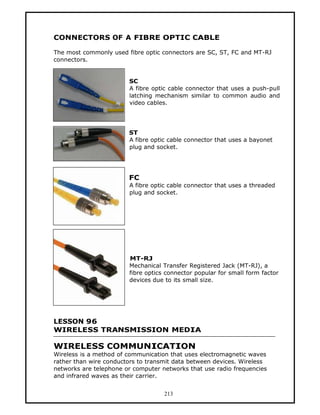 CONNECTORS OF A FIBRE OPTIC CABLE

The most commonly used fibre optic connectors are SC, ST, FC and MT-RJ
connectors.


                        SC
                        A fibre optic cable connector that uses a push-pull
                        latching mechanism similar to common audio and
                        video cables.




                        ST
                        A fibre optic cable connector that uses a bayonet
                        plug and socket.




                        FC
                        A fibre optic cable connector that uses a threaded
                        plug and socket.




                        MT-RJ
                        Mechanical Transfer Registered Jack (MT-RJ), a
                        fibre optics connector popular for small form factor
                        devices due to its small size.




LESSON 96
WIRELESS TRANSMISSION MEDIA

WIRELESS COMMUNICATION
Wireless is a method of communication that uses electromagnetic waves
rather than wire conductors to transmit data between devices. Wireless
networks are telephone or computer networks that use radio frequencies
and infrared waves as their carrier.


                                    213
 