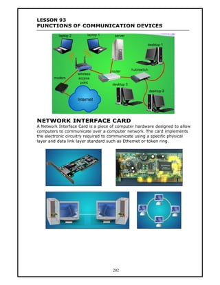 LESSON 93
FUNCTIONS OF COMMUNICATION DEVICES




NETWORK INTERFACE CARD
A Network Interface Card is a piece of computer hardware designed to allow
computers to communicate over a computer network. The card implements
the electronic circuitry required to communicate using a specific physical
layer and data link layer standard such as Ethernet or token ring.




                                    202
 