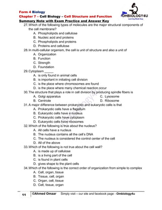 Cell Biology Summary Notes with Somaliland Form 4 Biology Past Exam ...