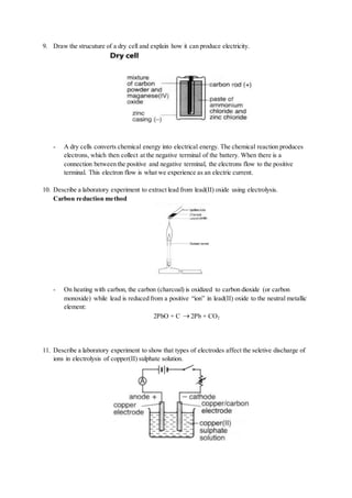 9. Draw the strucuture of a dry cell and explain how it can produce electricity.
- A dry cells converts chemical energy into electrical energy. The chemical reaction produces
electrons, which then collect at the negative terminal of the battery. When there is a
connection between the positive and negative terminal, the electrons flow to the positive
terminal. This electron flow is what we experience as an electric current.
10. Describe a laboratory experiment to extract lead from lead(II) oxide using electrolysis.
Carbon reduction method
- On heating with carbon, the carbon (charcoal) is oxidized to carbon dioxide (or carbon
monoxide) while lead is reduced from a positive “ion” in lead(II) oxide to the neutral metallic
element:
2PbO + C  2Pb + CO2
11. Describe a laboratory experiment to show that types of electrodes affect the seletive discharge of
ions in electrolysis of copper(II) sulphate solution.
 