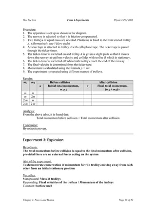 Hoo Sze Yen Form 4 Experiments Physics SPM 2008
Chapter 2: Forces and Motion Page 10 of 52
Procedure:
1. The apparatus is set up as shown in the diagram.
2. The runway is adjusted so that it is friction-compensated.
3. Two trolleys of equal mass are selected. Plasticine is fixed to the front end of trolley
A. (Alternatively, use Velcro pads)
4. A ticker tape is attached to trolley A with cellophane tape. The ticker tape is passed
through the ticker-timer.
5. The ticker-timer is switched on and trolley A is given a slight push so that it moves
down the runway at uniform velocity and collides with trolley B which is stationary.
6. The ticker-timer is switched off when both trolleys reach the end of the runway.
7. The final velocity is determined from the ticker tape.
8. Momentum is calculated using the formula p = mv.
9. The experiment is repeated using different masses of trolleys.
Results:
Before collision After collisionmA mB
u Initial total momentum,
mAuA
v Final total momentum,
(mA + mB) v
m m
m 2m
2 m m
2 m 2 m
Analysis:
From the above table, it is found that:
Total momentum before collision = Total momentum after collision
Conclusion:
Hypothesis proven.
Experiment 3: Explosion
Hypothesis:
The total momentum before collision is equal to the total momentum after collision,
provided there are no external forces acting on the system
Aim of the experiment:
To demonstrate conservation of momentum for two trolleys moving away from each
other from an initial stationary position
Variables:
Manipulated: Mass of trolleys
Responding: Final velocities of the trolleys / Momentum of the trolleys
Constant: Surface used
 