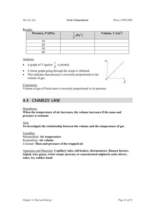 Hoo Sze Yen Form 4 Experiments Physics SPM 2008
Chapter 4: Heat and Energy Page 41 of 52
Results:
Pressure, P (kPa)
P
1
(Pa-1
)
Volume, V (cm3
)
10
20
30
40
Analysis:
• A graph of V against
P
1
is plotted.
• A linear graph going through the origin is obtained.
• This indicates that pressure is inversely proportional to the
volume of gas.
Conclusion:
Volume of gas of fixed mass is inversely proportional to its pressure.
4.4 CHARLES’ LAW
Hypothesis:
When the temperature of air increases, the volume increases if the mass and
pressure is constant
Aim:
To investigate the relationship between the volume and the temperature of gas
Variables:
Manipulated: Air temperature
Responding: Air volume
Constant: Mass and pressure of the trapped air
Apparatus and Materials: Capillary tube, tall beaker, thermometer, Bunsen burner,
tripod, wire gauze, retort stand, mercury or concentrated sulphuric acid, stirrer,
ruler, ice, rubber band
 