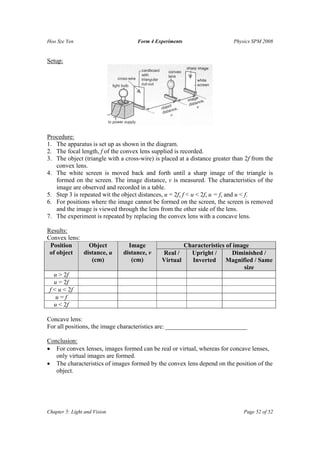 Hoo Sze Yen Form 4 Experiments Physics SPM 2008
Chapter 5: Light and Vision Page 52 of 52
Setup:
Procedure:
1. The apparatus is set up as shown in the diagram.
2. The focal length, f of the convex lens supplied is recorded.
3. The object (triangle with a cross-wire) is placed at a distance greater than 2f from the
convex lens.
4. The white screen is moved back and forth until a sharp image of the triangle is
formed on the screen. The image distance, v is measured. The characteristics of the
image are observed and recorded in a table.
5. Step 3 is repeated wit the object distances, u = 2f, f < u < 2f, u = f, and u < f.
6. For positions where the image cannot be formed on the screen, the screen is removed
and the image is viewed through the lens from the other side of the lens.
7. The experiment is repeated by replacing the convex lens with a concave lens.
Results:
Convex lens:
Characteristics of imagePosition
of object
Object
distance, u
(cm)
Image
distance, v
(cm)
Real /
Virtual
Upright /
Inverted
Diminished /
Magnified / Same
size
u > 2f
u = 2f
f < u < 2f
u = f
u < 2f
Concave lens:
For all positions, the image characteristics are: __________________________
Conclusion:
• For convex lenses, images formed can be real or virtual, whereas for concave lenses,
only virtual images are formed.
• The characteristics of images formed by the convex lens depend on the position of the
object.
 
