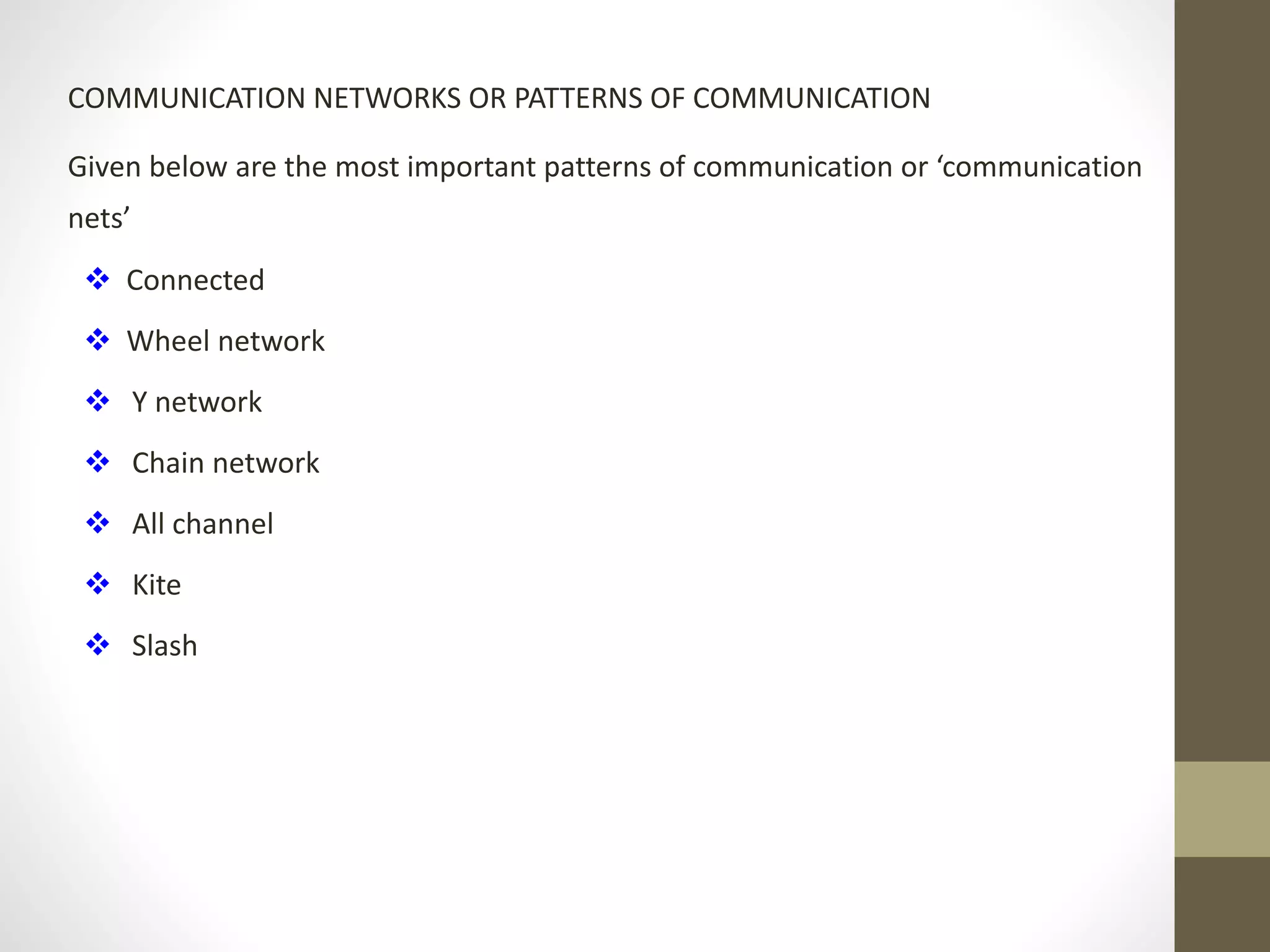 COMMUNICATION NETWORKS OR PATTERNS OF COMMUNICATION 
Given below are the most important patterns of communication or ‘communication 
nets’ 
 Connected 
 Wheel network 
 Y network 
 Chain network 
 All channel 
 Kite 
 Slash 
 