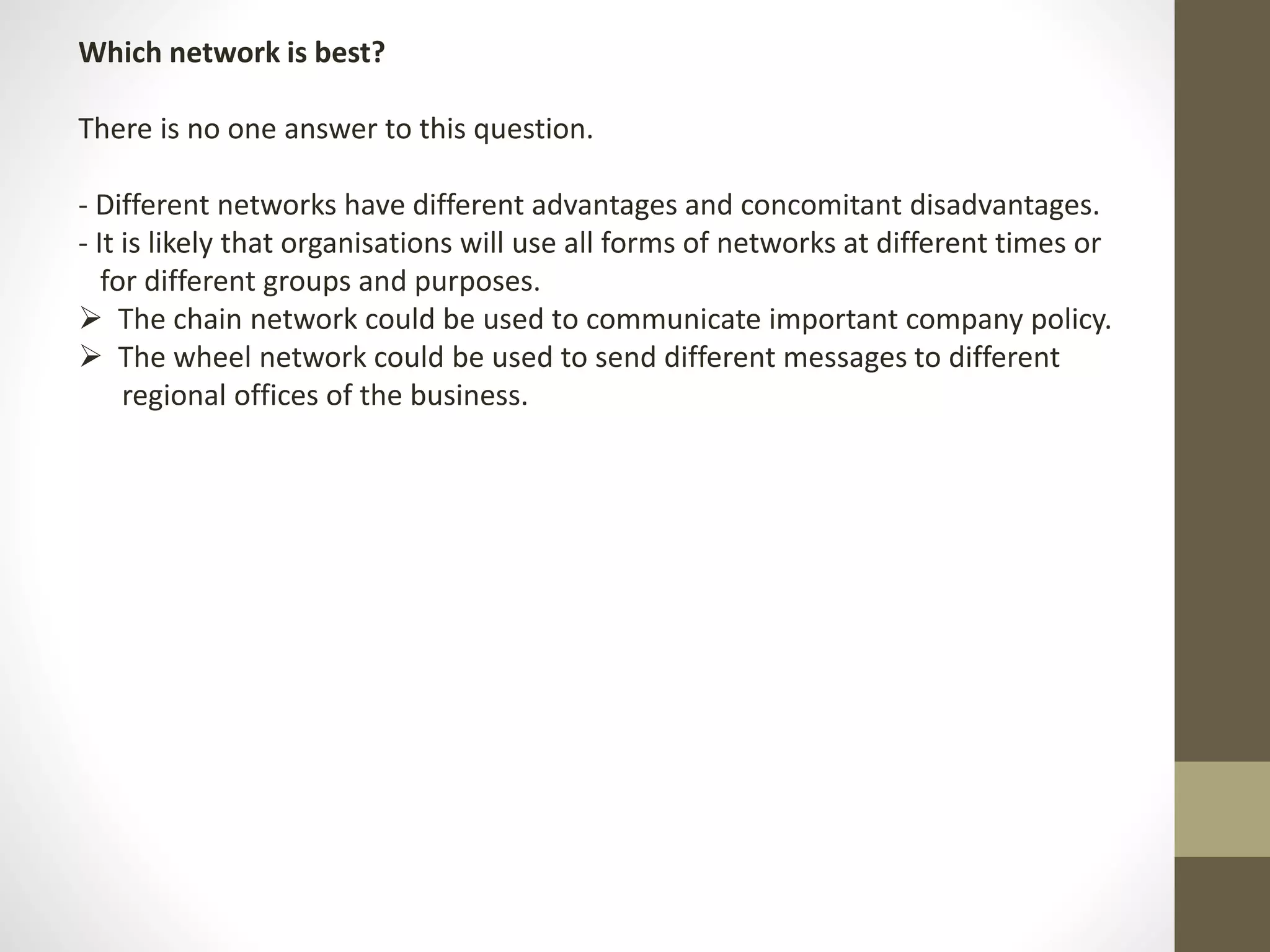 Which network is best? 
There is no one answer to this question. 
- Different networks have different advantages and concomitant disadvantages. 
- It is likely that organisations will use all forms of networks at different times or 
for different groups and purposes. 
 The chain network could be used to communicate important company policy. 
 The wheel network could be used to send different messages to different 
regional offices of the business. 
 