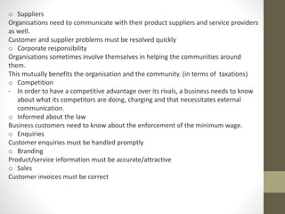 o Suppliers 
Organisations need to communicate with their product suppliers and service providers 
as well. 
Customer and supplier problems must be resolved quickly 
o Corporate responsibility 
Organisations sometimes involve themselves in helping the communities around 
them. 
This mutually benefits the organisation and the community. (in terms of taxations) 
o Competition 
- In order to have a competitive advantage over its rivals, a business needs to know 
about what its competitors are doing, charging and that necessitates external 
communication. 
o Informed about the law 
Business customers need to know about the enforcement of the minimum wage. 
o Enquiries 
Customer enquiries must be handled promptly 
o Branding 
Product/service information must be accurate/attractive 
o Sales 
Customer invoices must be correct 
 