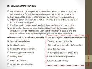 INFORMAL COMMUNICATION 
 Communication arising out of al those channels of communication that 
fall outside the formal channels is known as informal communication. 
 Built around the social relationships of members of the organization. 
 Informal communication does not follow lines of authority as is the case 
of formal communication. 
 It arises due to the personal needs of the members of n organization. 
 At times, in informal communication, it is difficult to fix responsibility 
about accuracy of information. Such communication is usually oral and 
may be covered even by simple glance, gesture or smile or silence. 
Advantages of informal communication 
 Speedy transmission 
 Feedback value 
 Support to other channels 
 Psychological satisfaction 
 Uniting force 
 Creation of ideas 
 Good personal relations 
Disadvantages of informal communication 
•Cannot be taken seriously 
•Does not carry complete information 
•Distorts information 
•It may prove counter productive 
•Chances of misinterpretation 
•Lack of accountability 
 