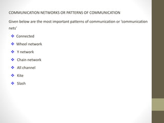 COMMUNICATION NETWORKS OR PATTERNS OF COMMUNICATION 
Given below are the most important patterns of communication or ‘communication 
nets’ 
 Connected 
 Wheel network 
 Y network 
 Chain network 
 All channel 
 Kite 
 Slash 
 