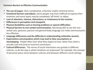 Common Barriers to Effective Communication 
 The use of jargon. Over-complicated, unfamiliar and/or technical terms. 
 Emotional barriers and taboos. Some people may find it difficult to express their 
emotions and some topics may be completely 'off-limits' or taboo. 
 Lack of attention, interest, distractions, or irrelevance to the receiver. 
 Differences in perception and viewpoint. 
 Physical disabilities such as hearing problems or speech difficulties. 
 Physical barriers to non-verbal communication. Not being able to see the non-verbal 
cues, gestures, posture and general body language can make communication 
less effective. 
 Language differences and the difficulty in understanding unfamiliar accents. 
 Expectations and prejudices which may lead to false assumptions or 
stereotyping. People often hear what they expect to hear rather than what is 
actually said and jump to incorrect conclusions. 
 Cultural differences. The norms of social interaction vary greatly in different 
cultures, as do the way in which emotions are expressed. For example, the concept 
of personal space varies between cultures and between different social settings. 
 