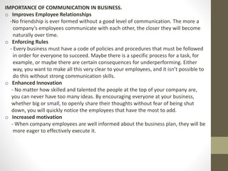 IMPORTANCE OF COMMUNICATION IN BUSINESS. 
o Improves Employee Relationships 
-No friendship is ever formed without a good level of communication. The more a 
company’s employees communicate with each other, the closer they will become 
naturally over time. 
o Enforcing Rules 
- Every business must have a code of policies and procedures that must be followed 
in order for everyone to succeed. Maybe there is a specific process for a task, for 
example, or maybe there are certain consequences for underperforming. Either 
way, you want to make all this very clear to your employees, and it isn’t possible to 
do this without strong communication skills. 
o Enhanced Innovation 
- No matter how skilled and talented the people at the top of your company are, 
you can never have too many ideas. By encouraging everyone at your business, 
whether big or small, to openly share their thoughts without fear of being shut 
down, you will quickly notice the employees that have the most to add. 
o Increased motivation 
- When company employees are well informed about the business plan, they will be 
more eager to effectively execute it. 
 