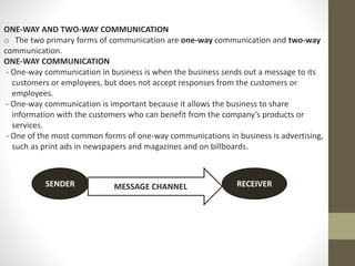 ONE-WAY AND TWO-WAY COMMUNICATION 
o The two primary forms of communication are one-way communication and two-way 
communication. 
ONE-WAY COMMUNICATION 
- One-way communication in business is when the business sends out a message to its 
customers or employees, but does not accept responses from the customers or 
employees. 
- One-way communication is important because it allows the business to share 
information with the customers who can benefit from the company’s products or 
services. 
- One of the most common forms of one-way communications in business is advertising, 
such as print ads in newspapers and magazines and on billboards. 
SENDER MESSAGE CHANNEL RECEIVER 
 