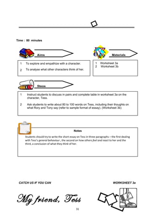 Time : 80 minutes




                Aims                                                              Materials

  1   To explore and empathize with a character.                   1   Worksheet 3a
                                                                   2   Worksheet 3b
  2   To analyse what other characters think of her.




                Steps

  1    Instruct students to discuss in pairs and complete table in worksheet 3a on the
       character, Tess.

  2    Ask students to write about 80 to 100 words on Tess, including their thoughts on
       what Rory and Tony say (refer to sample format of essay). (Worksheet 3b)




                                                Notes

      Students should try to write the short essay on Tess in three paragraphs – the first dealing
      with Tess’s general behaviour , the second on how others feel and react to her and the
      third, a conclusion of what they think of her.




 CATCH US IF YOU CAN                                                               WORKSHEET 3a




My friend, Tess
                                                  31
 