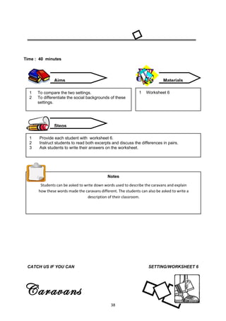Time : 40 minutes




               Aims                                                          Materials

  1   To compare the two settings.                             1   Worksheet 6
  2   To differentiate the social backgrounds of these
      settings.




               Steps

  1    Provide each student with worksheet 6.
  2    Instruct students to read both excerpts and discuss the differences in pairs.
  3    Ask students to write their answers on the worksheet.




                                             Notes

       Students can be asked to write down words used to describe the caravans and explain
      how these words made the caravans different. The students can also be asked to write a
                                  description of their classroom.




 CATCH US IF YOU CAN                                                SETTING/WORKSHEET 6




Caravans
                                               38
 