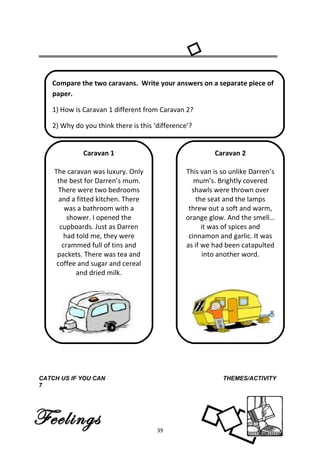 Compare the two caravans. Write your answers on a separate piece of
   paper.

   1) How is Caravan 1 different from Caravan 2?

   2) Why do you think there is this ‘difference’?


             Caravan 1                                  Caravan 2

    The caravan was luxury. Only               This van is so unlike Darren’s
     the best for Darren’s mum.                   mum’s. Brightly covered
     There were two bedrooms                     shawls were thrown over
      and a fitted kitchen. There                 the seat and the lamps
        was a bathroom with a                   threw out a soft and warm,
         shower. I opened the                  orange glow. And the smell…
      cupboards. Just as Darren                      it was of spices and
        had told me, they were                  cinnamon and garlic. It was
       crammed full of tins and                as if we had been catapulted
     packets. There was tea and                      into another word.
     coffee and sugar and cereal
            and dried milk.




CATCH US IF YOU CAN                                        THEMES/ACTIVITY
7




Feelings                              39
 