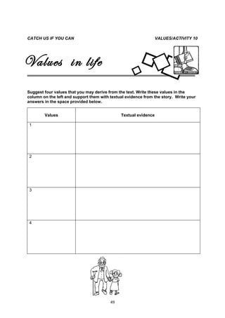 CATCH US IF YOU CAN                                              VALUES/ACTIVITY 10




Values in life
Suggest four values that you may derive from the text. Write these values in the
column on the left and support them with textual evidence from the story. Write your
answers in the space provided below.


        Values                                Textual evidence

 1




 2




 3




 4




                                         49
 