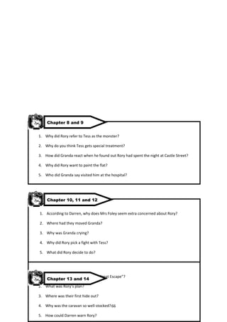 Chapter 8 and 9


1. Why did Rory refer to Tess as the monster?

2. Why do you think Tess gets special treatment?

3. How did Granda react when he found out Rory had spent the night at Castle Street?

4. Why did Rory want to paint the flat?

5. Who did Granda say visited him at the hospital?




    Chapter 10, 11 and 12


1. According to Darren, why does Mrs Foley seem extra concerned about Rory?

2. Where had they moved Granda?

3. Why was Granda crying?

4. Why did Rory pick a fight with Tess?

5. What did Rory decide to do?




1. How did Darren help with “The Great Escape”?
    Chapter 13 and 14
2. What was Rory’s plan?

3. Where was their first hide out?

4. Why was the caravan so well-stocked? 66

5. How could Darren warn Rory?
 