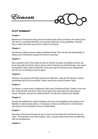 Elements
PLOT SUMMARY
Chapter 1

Readers are introduced to Rory and his Granda as they wait for Dr Nicol in the waiting room.
The doctor is concerned that Rory is too young to take care of his grandfather. However,
Rory is aware that there are only two of them in the family.

Chapter 2

Granda has a failing memory; always misplacing things. Rory has the sole responsibility of
taking care of Granda like buying him his lunch every day.

Chapter 3

Rory sacrifices some of the things he likes for Granda. He gives up football so that he can
be at home with his Granda. Rory’s worry is that if Granda is put into Rachnadar, they would
be separated. Rory’s dad had left them many years ago and Granda is very disappointed
with his son, not wanting to see him again.

Chapter 4

Granda is very popular with Rory’s friends and meets Mrs. Foley for the first time. Granda
accidentally sets fire to his and Mrs. Foley’s coats at the school’s Parents’ Night.

Chapter 5

Val Jessup, a social worker is assigned to take care of Granda and Rory. Darren’s mum and
Mrs. Foley are both worried for Rory and are glad of the extra help they were going to
receive. However, Granda has a little accident in the flat and is taken to the hospital.

Chapter 6

Granda has suffered from smoke inhalation and has to be hospitalised. Rory pleads to the
Big Man to make Granda wake up. Val Jessup is nervous to let Rory live in the flat alone
and drives him to the children’s home at Castle Street.

Chapter 7

Rory goes to the home because he has no choice and he thinks that it will be for only one
night – till his granda is out of the hospital. Tess, a young inmate of the home, terrifies Rory
with her bad behaviour.

Chapter 8



                                                7
 