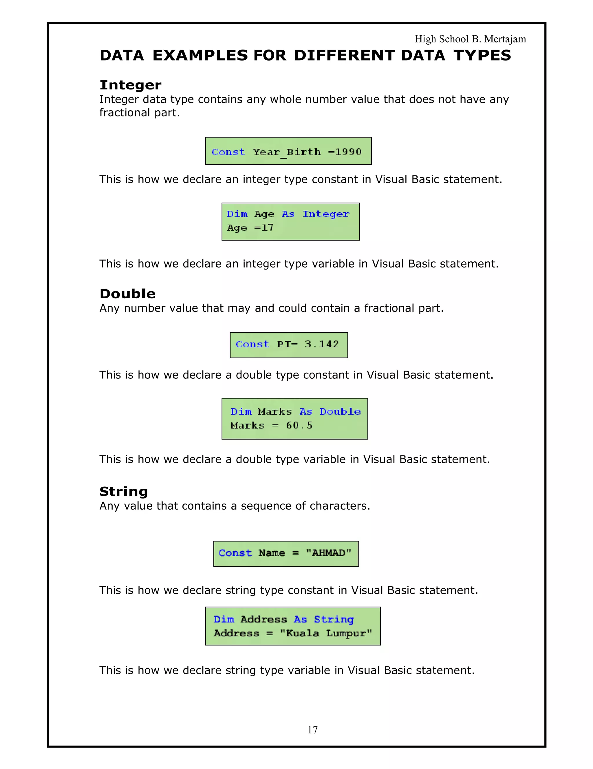 High School B. Mertajam
DATA EXAMPLES FOR DIFFERENT DATA TYPES
Integer
Integer data type contains any whole number value that does not have any
fractional part.




This is how we declare an integer type constant in Visual Basic statement.




This is how we declare an integer type variable in Visual Basic statement.

Double
Any number value that may and could contain a fractional part.




This is how we declare a double type constant in Visual Basic statement.




This is how we declare a double type variable in Visual Basic statement.


String
Any value that contains a sequence of characters.




This is how we declare string type constant in Visual Basic statement.




This is how we declare string type variable in Visual Basic statement.




                                      17
 
