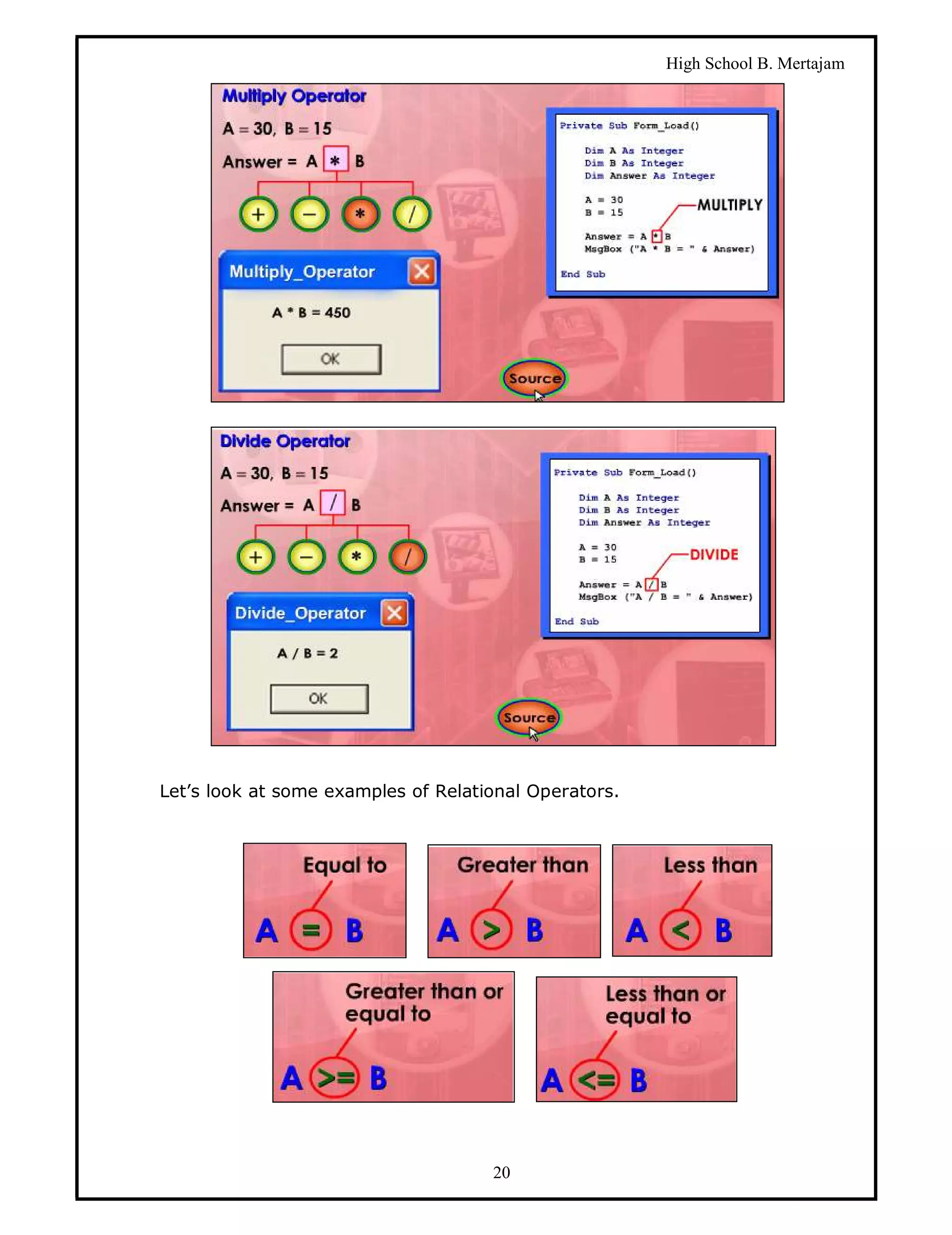High School B. Mertajam




Let’s look at some examples of Relational Operators.




                                     20
 