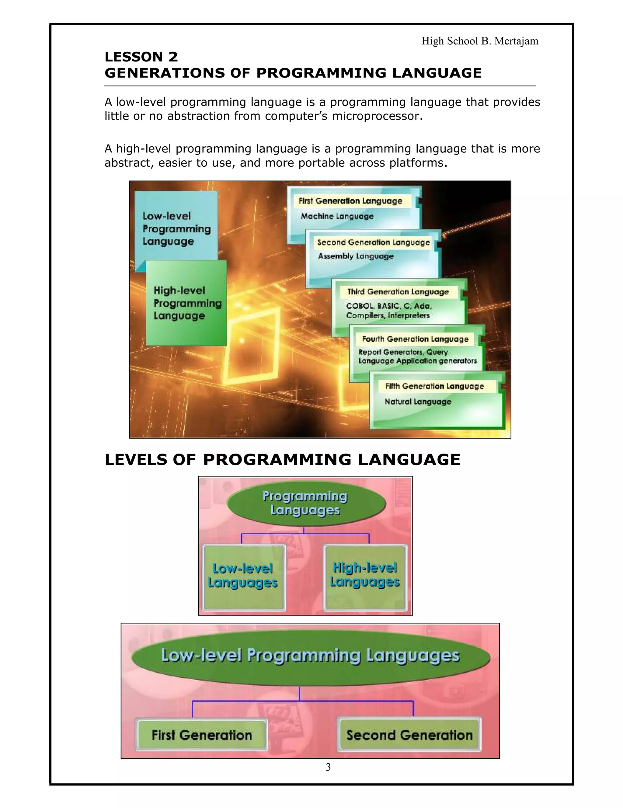 High School B. Mertajam
LESSON 2
GENERATIONS OF PROGRAMMING LANGUAGE

A low-level programming language is a programming language that provides
little or no abstraction from computer’s microprocessor.

A high-level programming language is a programming language that is more
abstract, easier to use, and more portable across platforms.




LEVELS OF PROGRAMMING LANGUAGE




                                    3
 