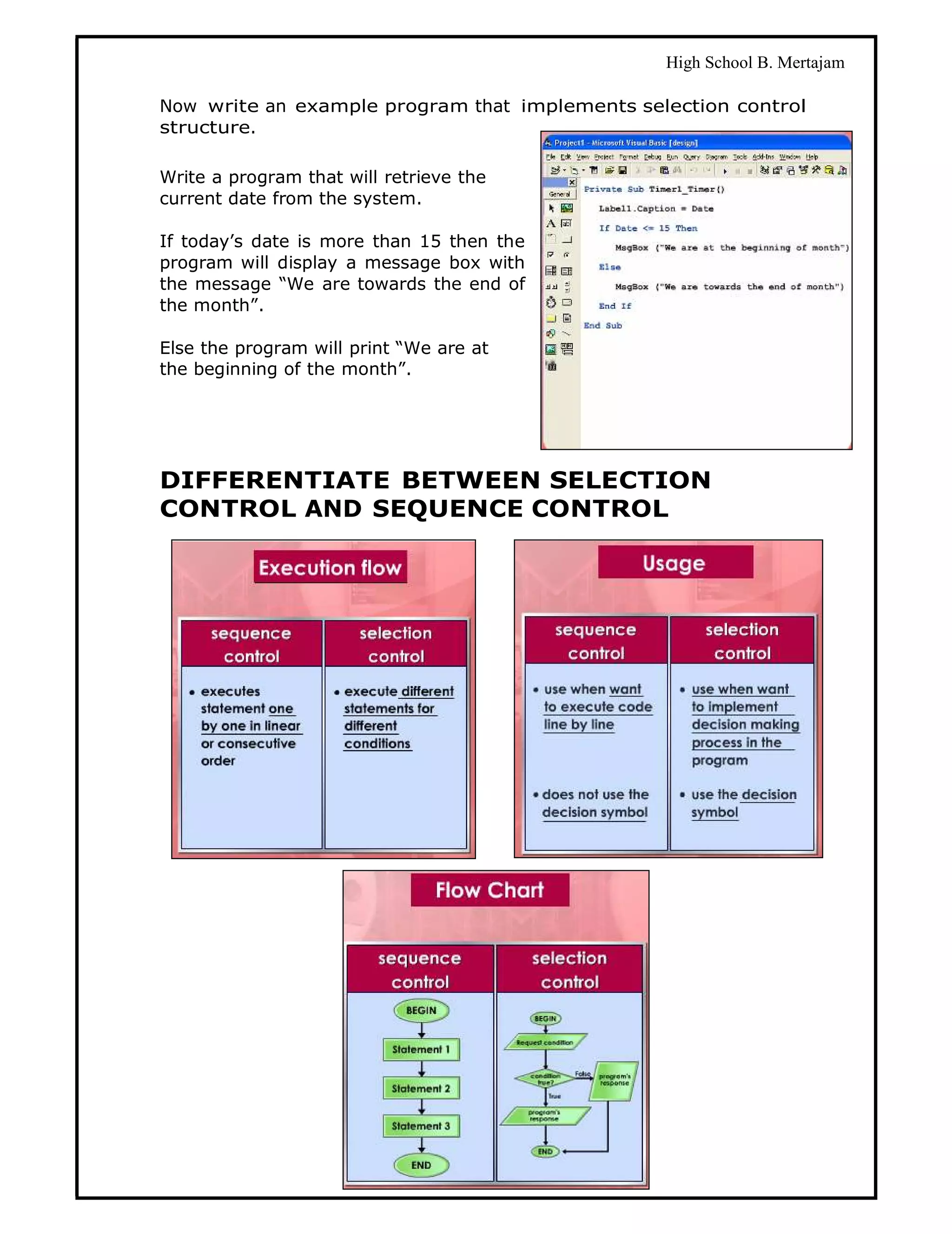 High School B. Mertajam

Now write an example program that implements selection control
structure.

Write a program that will retrieve the
current date from the system.

If today’s date is more than 15 then the
program will display a message box with
the message “We are towards the end of
the month”.

Else the program will print “We are at
the beginning of the month”.




DIFFERENTIATE BETWEEN SELECTION
CONTROL AND SEQUENCE CONTROL




                                         33
 