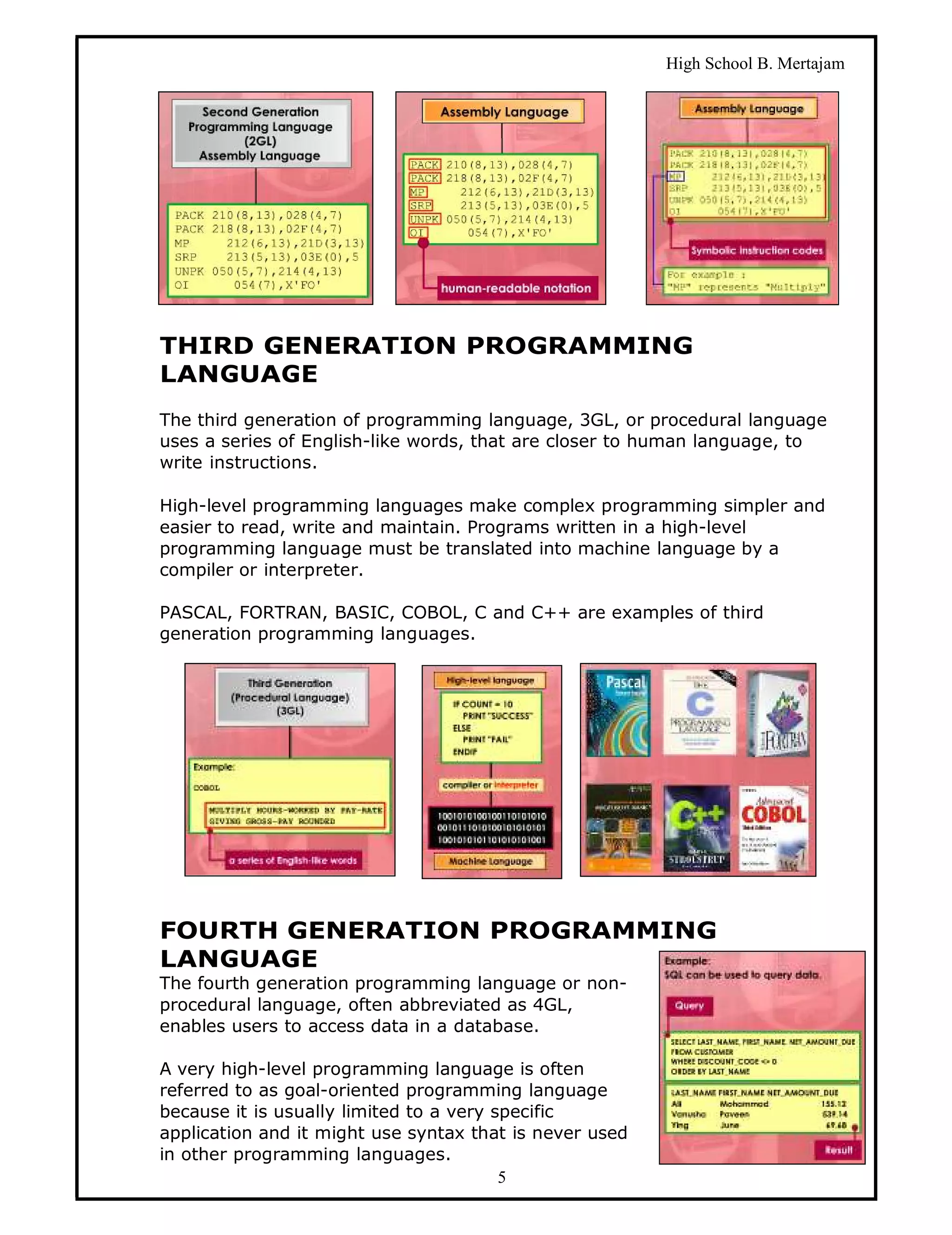 High School B. Mertajam




THIRD GENERATION PROGRAMMING
LANGUAGE
The third generation of programming language, 3GL, or procedural language
uses a series of English-like words, that are closer to human language, to
write instructions.

High-level programming languages make complex programming simpler and
easier to read, write and maintain. Programs written in a high-level
programming language must be translated into machine language by a
compiler or interpreter.

PASCAL, FORTRAN, BASIC, COBOL, C and C++ are examples of third
generation programming languages.




FOURTH GENERATION PROGRAMMING
LANGUAGE
The fourth generation programming language or non-
procedural language, often abbreviated as 4GL,
enables users to access data in a database.

A very high-level programming language is often
referred to as goal-oriented programming language
because it is usually limited to a very specific
application and it might use syntax that is never used
in other programming languages.
                                         5
 