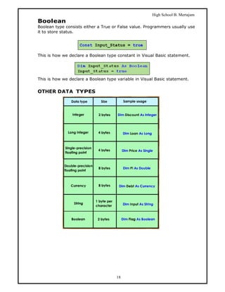 High School B. Mertajam
Boolean
Boolean type consists either a True or False value. Programmers usually use
it to store status.




This is how we declare a Boolean type constant in Visual Basic statement.




This is how we declare a Boolean type variable in Visual Basic statement.


OTHER DATA TYPES




                                      18
 