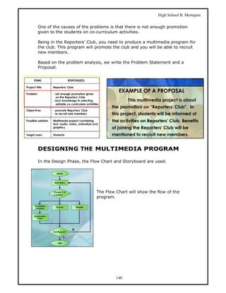 High School B. Mertajam

One of the causes of the problems is that there is not enough promotion
given to the students on co-curriculum activities.

Being in the Reporters’ Club, you need to produce a multimedia program for
the club. This program will promote the club and you will be able to recruit
new members.

Based on the problem analysis, we write the Problem Statement and a
Proposal.




DESIGNING THE MULTIMEDIA PROGRAM

In the Design Phase, the Flow Chart and Storyboard are used.




                            The Flow Chart will show the flow of the
                            program.




                                     140
 