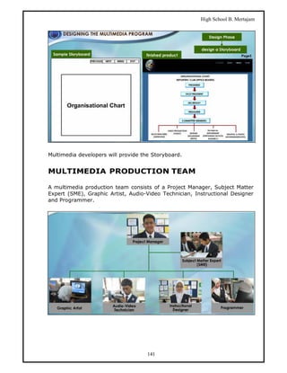 High School B. Mertajam




Multimedia developers will provide the Storyboard.


MULTIMEDIA PRODUCTION TEAM

A multimedia production team consists of a Project Manager, Subject Matter
Expert (SME), Graphic Artist, Audio-Video Technician, Instructional Designer
and Programmer.




                                     141
 
