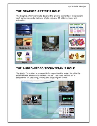 High School B. Mertajam

THE GRAPHIC ARTIST’S ROLE
The Graphic Artist’s role is to develop the graphic elements of the program
such as backgrounds, buttons, photo collages, 3D objects, logos and
animation.




THE AUDIO-VIDEO TECHNICIAN’S ROLE

The Audio Technician is responsible for recording the voice. He edits the
sound effects. He records and edits music. The Video Technician is
responsible for capturing, editing and digitizing the video.




                                      118
 