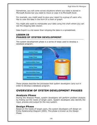 High School B. Mertajam

Sometimes, you will come across situations where your data is stored in
Microsoft Access but you need to move or copy it to Microsoft Excel.

For example, you might want to give your report to a group of users who
like to view the data in the form of a chart or graph.

You might also want to manipulate your data using line chart where you can
see the shipping date clearer.

Data Export is a lot easier than retyping the data in a spreadsheet.

LESSON 58
PHASES OF SYSTEM DEVELOPMENT

The system development phase is a series of steps used to develop a
database program.




These phases describe the processes that system developers carry out in
order to develop a database program.

OVERVIEW OF SYSTEM DEVELOPMENT PHASES
Analysis Phase
During the Analysis Phase, system developers will perform problem analysis
by finding out the needs of target users. System developers also identify the
input, process and output for the new system.

Design Phase
Based on the needs of target users, the system developers will design an
Entity Relationship Diagram (ERD). This phase is known as the Design
Phase.


                                      198
 